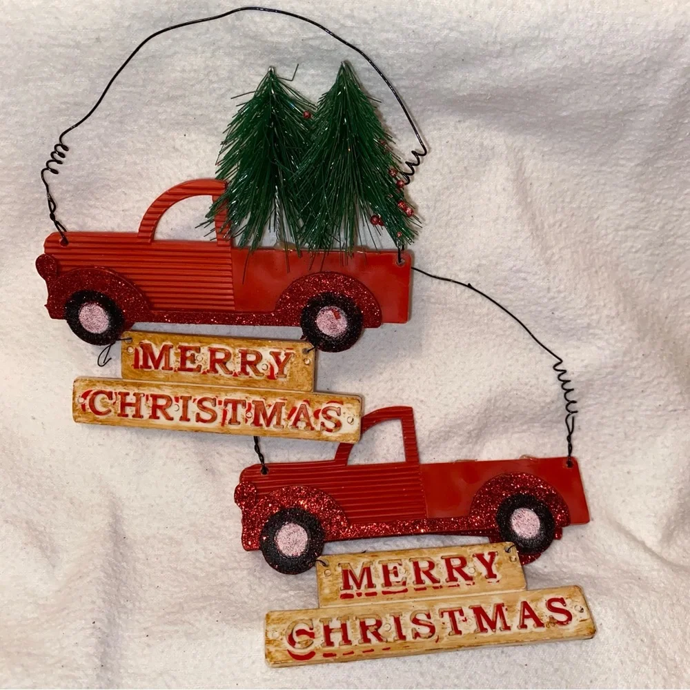 Red Christmas Truck Ornament Set vintage red truck door hanger
